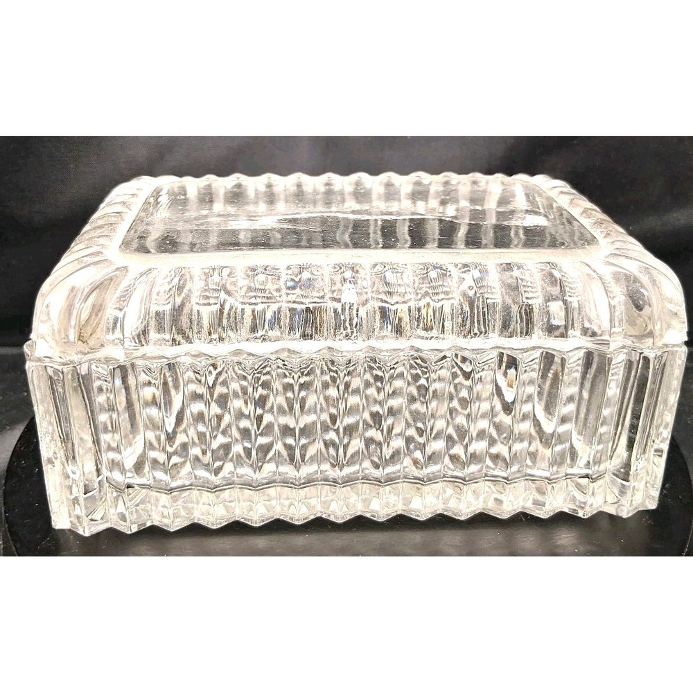 Rectangular Clear pressed glass trinket box with ribbed and faceted design